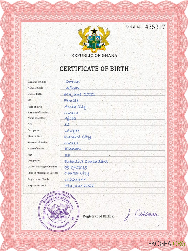 Modèle PSD de certificat de naissance de l'état civil du Ghana